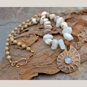 Magical Moonstone, Faceted Moonstone set Bronze Ammonite focal